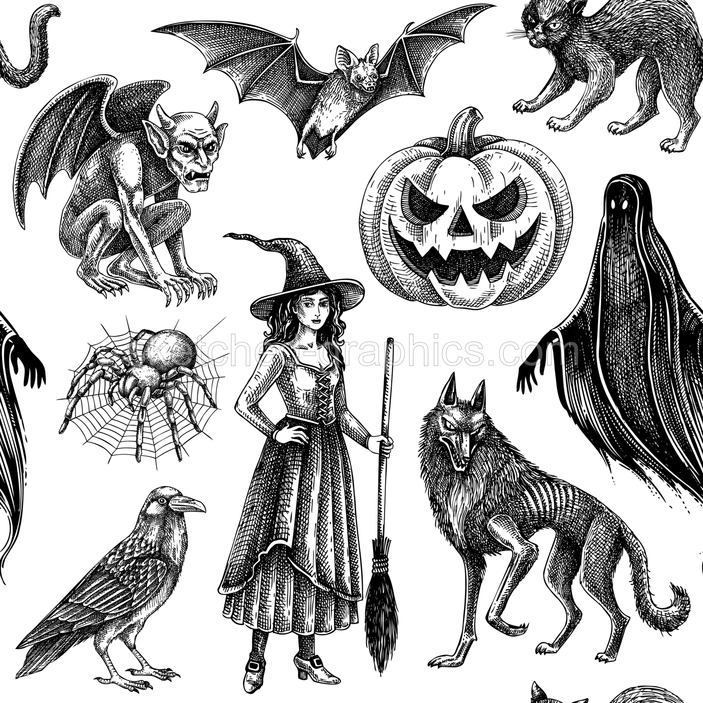 Halloween background. Gothic pattern seamless texture. Witch, vampire, monsters, pumpkin head sketches. Hand drawn vector illustrationNOT AI generated Illustration